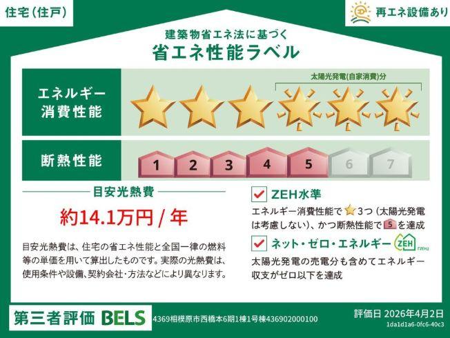 緑区西橋本4丁目新築戸建て　6期1号棟の省エネ性能ラベル