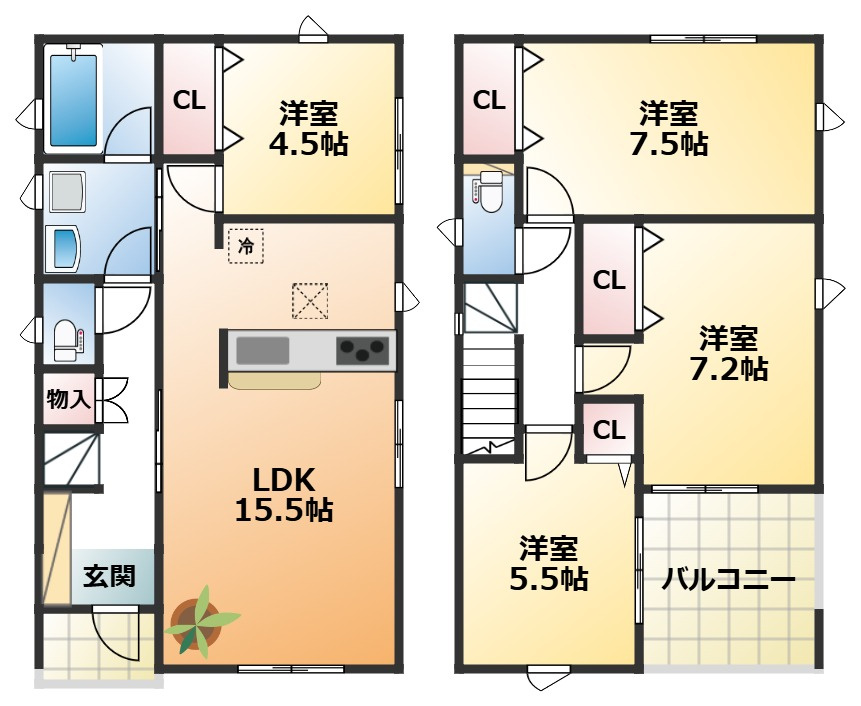 CRADLEGARDEN栃木市箱森町第6　2号棟の間取り|南向きで陽当たりの良い間取りです