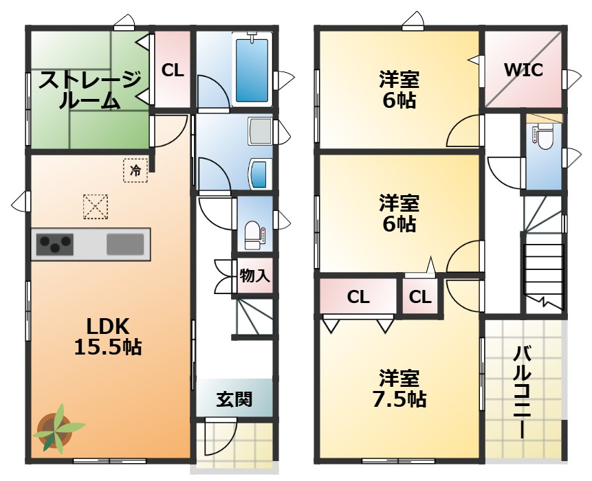 CRADLEGARDEN栃木市箱森町第6　3号棟の間取り|南向きで陽当たりの良い間取りです