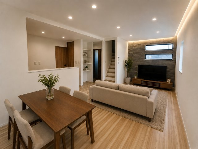 吉祥院東砂ノ町　3階建てプラン|【施工例】2階リビングは通行人の視線や車のライトなどを気にせず、家族団らんができちゃいます♪（※家具はCGによるイメージです）