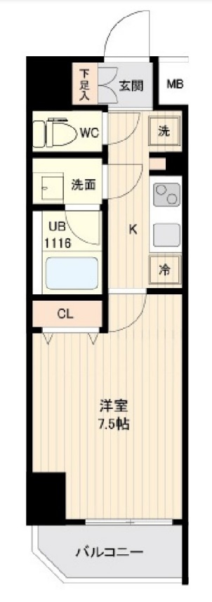 RESIDENCE大鳥居の間取り|西向きバルコニー洋室7.5帖の1Kバストイレ別独立洗面台！