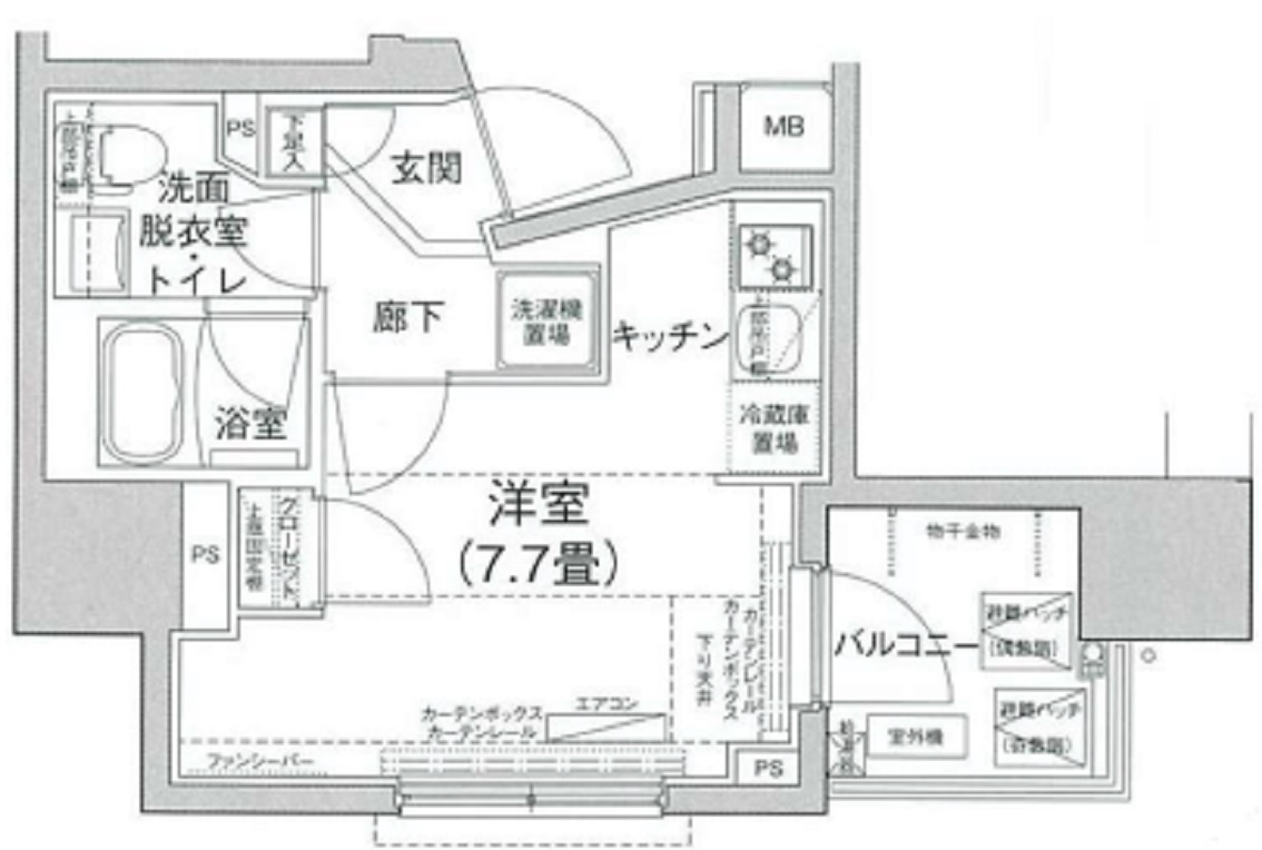 アイルカナーレ品川南の間取り|南西バルコニー1R洋室7.7帖バストイレ別独立洗面台！