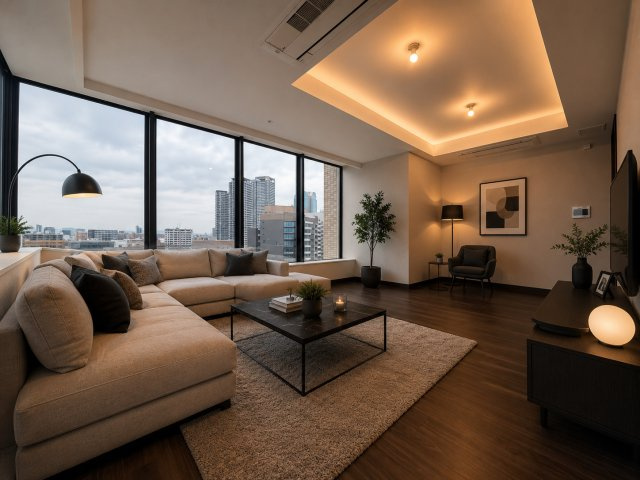 グラングリーン大阪THE NORTH RESIDENCE　扇町小学校の居間・リビング|グラングリーン大阪THE NORTH RESIDENCE　リビング　※掲載画像の一部はAIによるホームステージングイメージです。実際には家具・家電は設置されておりません。