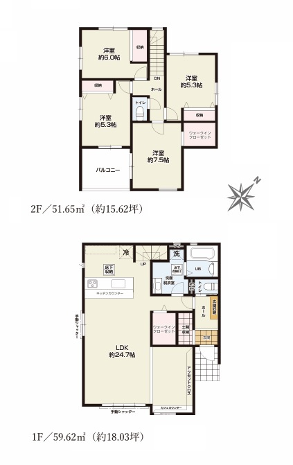 TERRACE　ひたちなか市足崎　3期 　3の間取り|　
☆広々LDKは明るく開放的。家族の気配が感じられて安心できるリビング階段。土間収納、WICなど大容量の収納スペースがあります。全室明るい二面窓、通風も良好です！