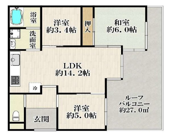 サンヴィラ六甲2号館の間取り|開放的なバルコニーは見晴らしもよく、太陽の温かな温もりをめいっぱい受け止めてくれます。太陽の光と爽やかな風を受けたお洗濯物はあっという間に乾き、取りこむ時には太陽の匂いを感じられそうですね。
