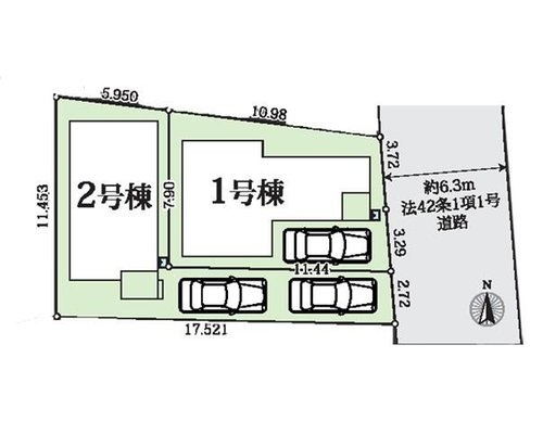 【横浜市鶴見区矢向2丁目7-28全2棟新築戸建て】★仲介手数料無料★（矢向小学校・矢向中学校）の区画図|全2棟の新築分譲住宅。前面道路約6.3mでお車の出し入れもスムーズです。各棟にカースペースを確保し、駅徒歩6分の利便性と落ち着いた住環境を兼ね備えています。