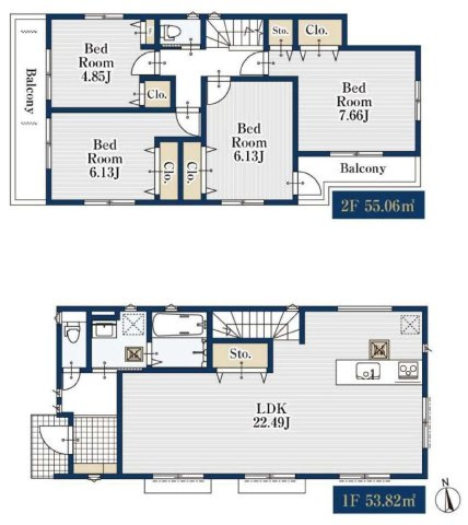 【横浜市鶴見区梶山2丁目8-21全3棟新築戸建て】★仲介手数料無料★（上末吉小学校・末吉中学校）の間取り|約22.4帖の開放感あふれるLDKが魅力の4LDKプラン。全居室6帖以上を確保し、収納スペースも豊富です。家族それぞれがゆったり過ごせるゆとりある住空間となっています。
