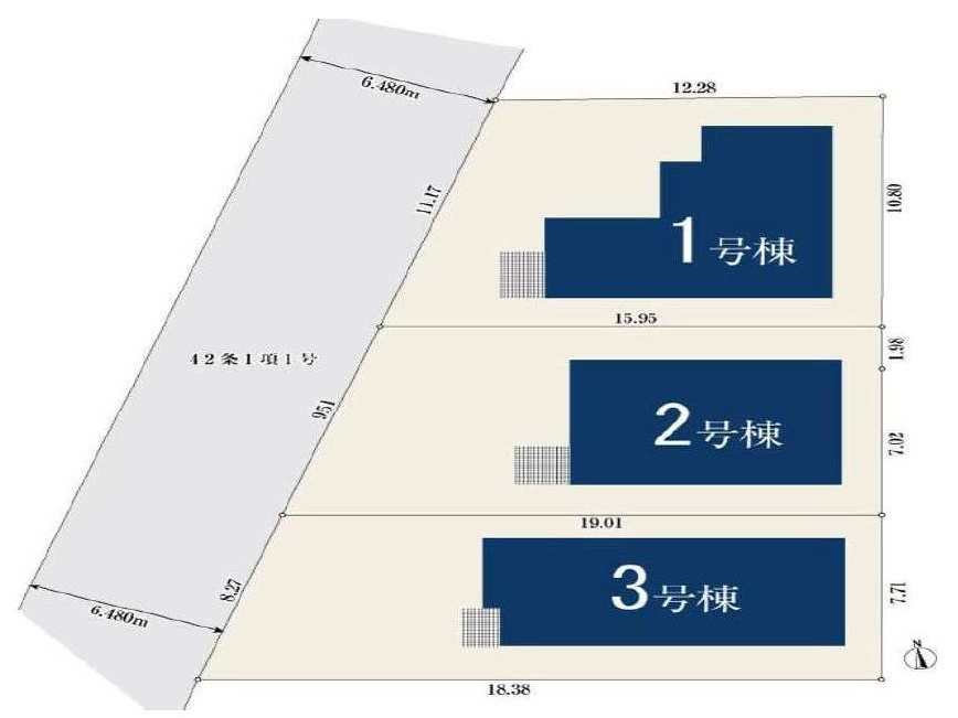 【横浜市鶴見区梶山2丁目8-21全3棟新築戸建て】★仲介手数料無料★（上末吉小学校・末吉中学校）の区画図|全3棟の新築分譲住宅。前面道路との間にゆとりがあり開放感のある区画配置です。各棟ともプライバシーに配慮された設計で、落ち着いた住環境の中で快適な暮らしを実現できます。