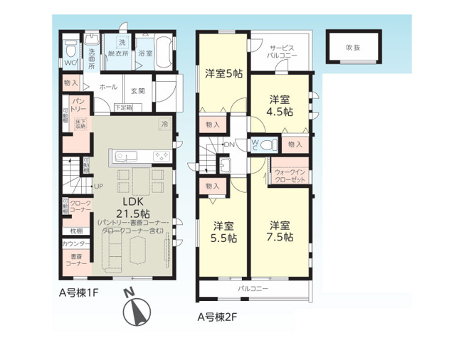 【間取り】 | 朝霞市本町1丁目　新築一戸建住宅　全1棟（朝霞店） | LDK21.5帖のゆったりとした空間が魅力の4LDK新築一戸建住宅です！
パントリーやクロークコーナー、大型WICなど収納が充実した住まいです。