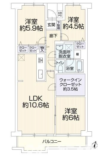 パレ平塚すみれ平四番館　の間取り|南向き　３LDK