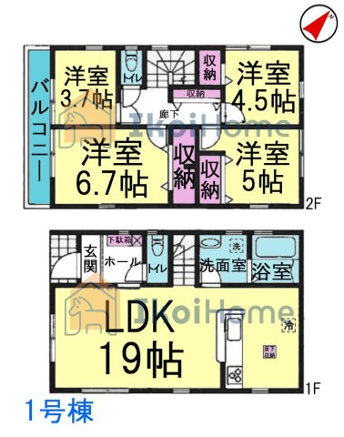 神戸市西区竹の台4丁目　全2棟1号棟　新築戸建の間取り|●年中無休：当日予約可●南東向きLDK広々19帖！2階4部屋洋室がございます！各部屋収納付！