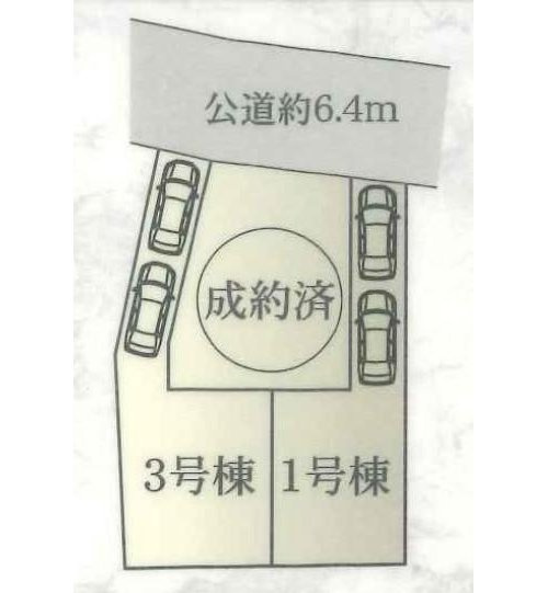 【横浜市中区本郷町3丁目171-12全3棟新築戸建て】★仲介手数料無料★（大鳥小学校・本牧中学校）の区画図|前面約6.4m公道に接した開放感のある区画です。カースペース2台分を確保し、お車を複数所有されるご家庭にも対応。車の出し入れもしやすいゆとりある配置です。