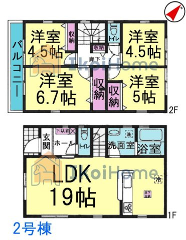 神戸市西区竹の台4丁目　全2棟2号棟　新築戸建の間取り|●年中無休：当日予約可●南東向きLDK広々19帖！2階4部屋洋室がございます！各部屋収納付！