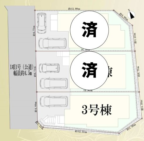 【横浜市中区本牧町1丁目218-5全3棟新築戸建て】★仲介手数料無料★（大鳥小学校・本牧中学校）の区画図|3号棟は開発分譲地内の整った街並みに位置し、カースペース2台分を確保。角地に近い開放感のある区画で、前面道路との高低差も少なく、お車の出し入れもスムーズに行えます。