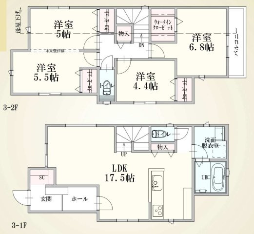 【横浜市中区本牧町1丁目218-5全3棟新築戸建て】★仲介手数料無料★（大鳥小学校・本牧中学校）の間取り|約17.5帖のLDKを中心に、4LDKのゆとりある住空間を実現。ウォークインクローゼットやシューズクローク、各居室収納を備え、家族みんなが快適に暮らせる収納豊富な間取りです。