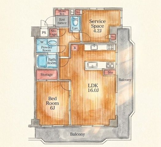 トーク御所山の間取り|1SLDK、価格4880万円、専有面積58.20m2、バルコニー面積18.45m2  【LDK　16.0帖】 【洋室  6.0帖】【サービスルーム　4.2帖】