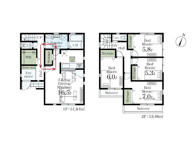 【間取り】 | 志木市中宗岡1丁目　新築一戸建住宅　全26棟　(丸井志木店) | 玄関横のWICと水まわりをつないだ回遊動線を採用。帰宅後の片付けや身支度がスムーズにできる、暮らしやすさに配慮した4LDKです。
