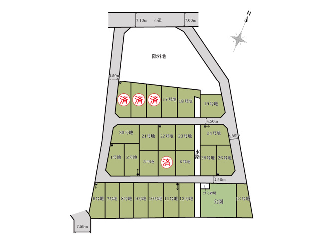 【土地図】 | 志木市中宗岡1丁目　建築条件無売地　全26区画　(丸井志木店) | 家づくりの選択肢が広がる建築条件なし売地。全26区画の大型分譲地です。公園が隣接した子育て世代に嬉しい住環境で、小・中学校やスーパーも徒歩圏内に揃う、暮らしやすい立地が魅力です。