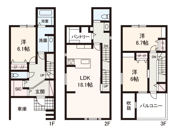 【間取り】 | 堺市中区福田　新築戸建 | 豊富な収納・ゆとりの広さ・充実の設備！明るく開放的な3LDK新築戸建。カースペース1台分有(車種による)。