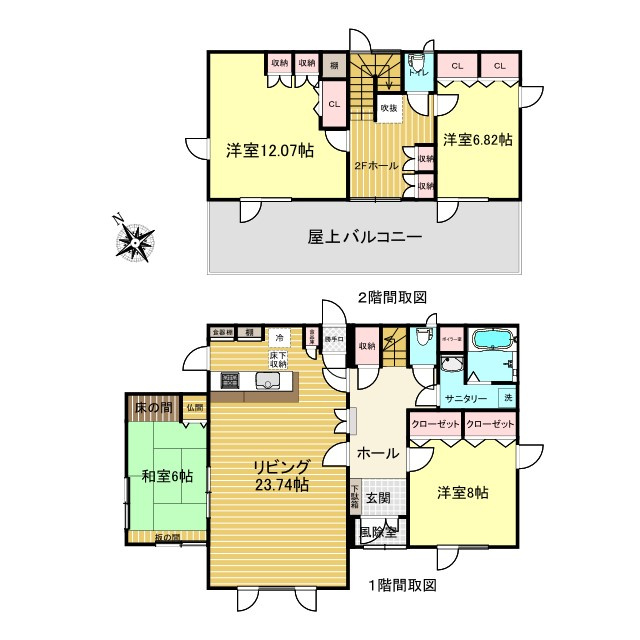 網走市字二ツ岩１８番地１７、１８番地４８　中古売家 外土地１筆　の間取り|間取りは4LDKで1階23.74帖LDKと洋室8帖と和室6帖の2室です。2階は洋室12.07帖と6.