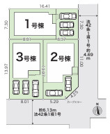 平塚市入野　新築戸建　全３棟の区画図|対象地は１号棟です。