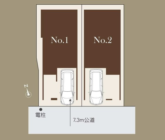 【横浜市中区赤門町1丁目9全2棟新築戸建て】★仲介手数料無料★（東小学校・老松中学校）の区画図|前面約7.3m公道に面した開放感のある全2棟分譲地。各棟ビルトイン車庫を確保し、車の出し入れもスムーズです。整った街並みの中でプライバシーにも配慮された住環境が魅力です。
