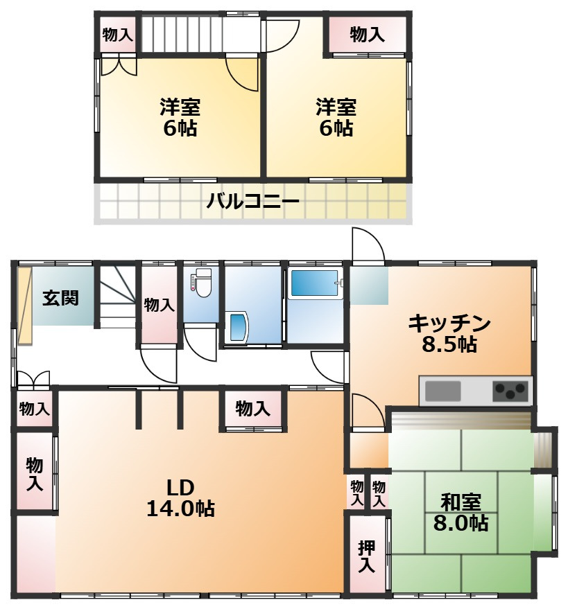 KEM宇都宮市鶴田町1期　中古戸建の間取り|全室南向きで陽当たりの良い間取りです