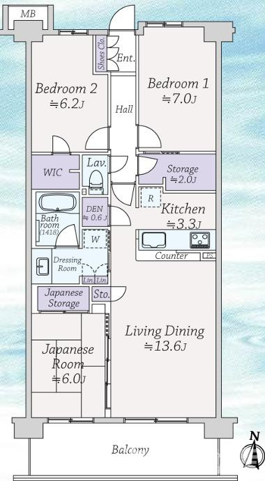 オーシャンステイツ湘南平塚グランフィールドの間取り|南向き　３LDK