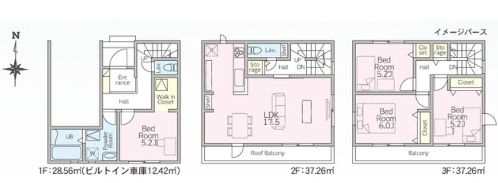 リナージュ前橋市天川原町１丁目01期　１号棟の間取り|前橋では珍しい３階建て住宅♪各居室には収納もご用意しています。
建物面積31.18坪で十分な広さがあります！