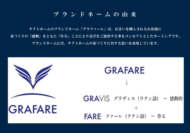 高浜市論地町|「グラファーレ」とは、家づくりの「感動」をお客さまと共に分ち合い、そして「喜び」をお届けする事をコンセプトとしたネーミングです。ブランドネームには、タクトホームの家づくりに対する思いを表現しています