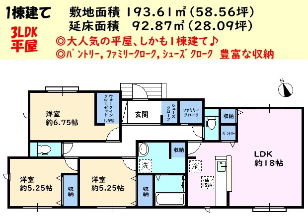高浜市論地町の間取り|平屋3LDK。収納がいっぱい。