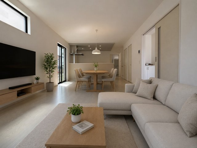 【居間・リビング】 | 福岡市東区美和台5丁目9期　1号棟（全2棟）【仲介手数料無料・0円】 | 現地写真。家具・家電等はCGによる配置例です。物件には含まれません