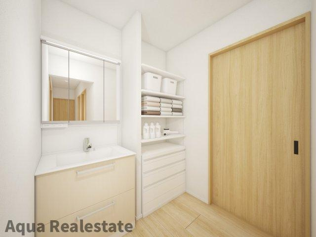 丸亀市郡家町の新築一戸建の独立洗面台|独立洗面台、朝の身支度には欠かせません