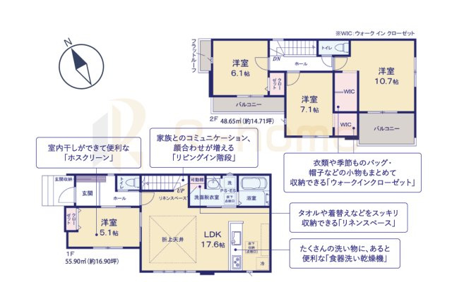 取手市井野8期　新築戸建て　3号棟の間取り|4LDK＋WIC、土地面積171.53m2、建物面積104.55m2