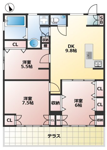 下馬ヨークス　3方角住戸　専用庭　オール電化の間取り