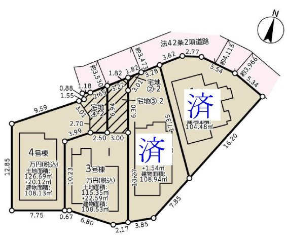 【横浜市中区寺久保67全4棟新築戸建て】★仲介手数料無料★（根岸小学校・根岸中学校）の区画図|全4棟の分譲地内に位置する3・4号棟。前面道路からの視線が届きにくく、落ち着いた住環境が魅力です。敷地面積115㎡超・126㎡超のゆとりある敷地を確保し、開放感のある暮らしを実現します。