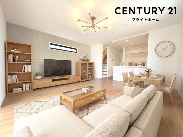 大和市下鶴間の新築一戸建の居間・リビング|家族が自然と集まるリビングは
落ち着きのある空間です♪
※家具等はCGでの参考レイアウトです
