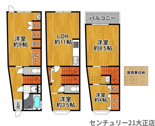 大正区三軒家西１丁目中古戸建の間取り|振り分けの８５．５９平米の４ＬＤＫです！