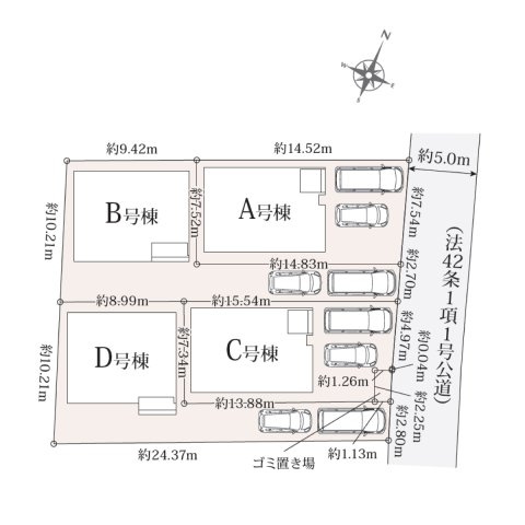 富士見市上沢１丁目の新築一戸建の区画図|全区画カースペース2台分！
ご夫婦で車をお持ちの方も安心です。