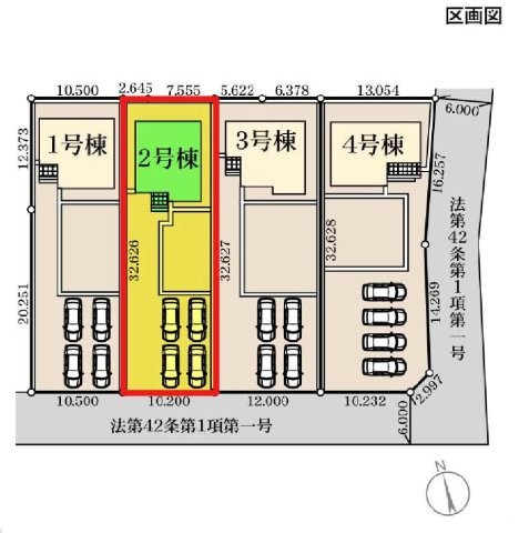 新築　伊勢崎市境第3　Livele Garden.S　2号棟の区画図|2号棟　区画図　南側接道幅員約6ｍ			
	
