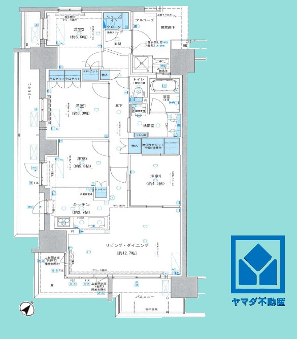 ルネ西宮仁川の間取り|4LDK、専有面積85.9平米、バルコニー面積11.6平米、14階建て7階部分の角部屋。2026年6月末リフォーム済（新調：ウォシュレット／貼替：クロス、CF／その他：補修工事、洗い等）。