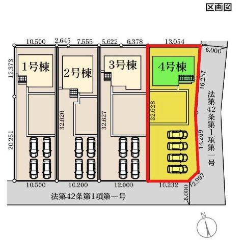 新築　伊勢崎市境第3　Livele Garden.S　4号棟の区画図|4号棟　区画図　南側接道幅員約6ｍ　東側接道幅員約6ｍ			
	
