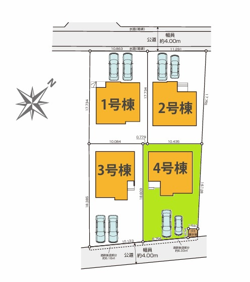 TERRACE　ひたちなか市足崎　3期 　4の区画図|並列駐車可能です。気になる他の物件と合わせての現地ご案内も可能です。HPから、またお電話でも、お気軽にお問い合わせください。

