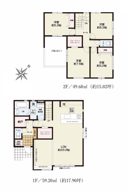 TERRACE　ひたちなか市足崎　3期 　4の間取り|　
☆広々LDKは明るく開放的。家族の気配が感じられて安心できるリビング階段。土間収納、WICなど大容量の収納スペースがあります。全室明るい二面窓、通風も良好です！