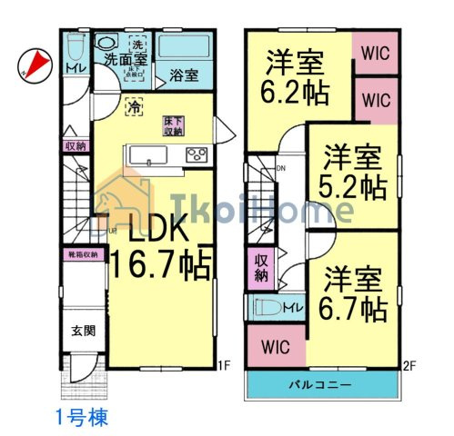 神戸市西区狩場台2丁目　全2棟　1号棟　新築戸建の間取り|●年中無休：当日予約可●3LDK＋3WIC付！収納豊富で便利！人気のリビング階段でお子様連れも安心！