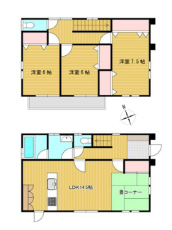 【間取り】 | 笛吹市石和町今井 平成16年築 オール電化中古戸建 車4台 | 全室南向きの３LDK　19帖のリビングには4.5帖サイズの畳コーナーあり