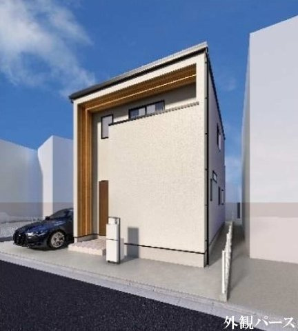 【横浜市港北区篠原町1547-9新築戸建て】★仲介手数料無料★（篠原西小学校・篠原中学校）の外観パース|ホワイトを基調に木目調アクセントを組み合わせた洗練されたデザイン。スタイリッシュで存在感のある外観が街並みに映えます。高台立地ならではの開放感と眺望も魅力の一邸です。
