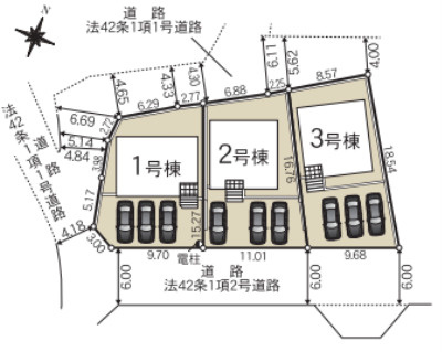【完成】知多市金沢字泉脇　全3棟の区画図|全体区画数｜全3棟　　　　　　　　　　　　　　　　　　　　　　　　　　　　
◆駐車並列２台可能！(但し、車種による)
◎まずは、お気軽にお問い合わせください。現地を案内しながら周辺環境も見て頂けます。