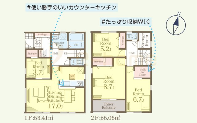 第1下妻市下妻丁　新築戸建て　2号棟の間取り|4LDK＋WIC＋ストレージルーム、土地面積171.36m2、建物面積108.47m2