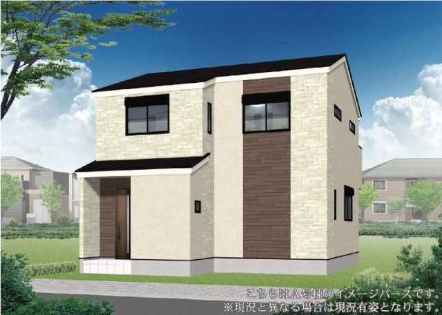 【横浜市港北区新吉田町4146-3新築戸建て】★仲介手数料無料★（新吉田小学校・新田中学校）の外観パース|白を基調とした外壁に木目調アクセントを組み合わせた、上品で飽きのこないデザイン。シンプルながら存在感があり、落ち着いた住宅街に調和する洗練された外観が魅力です。